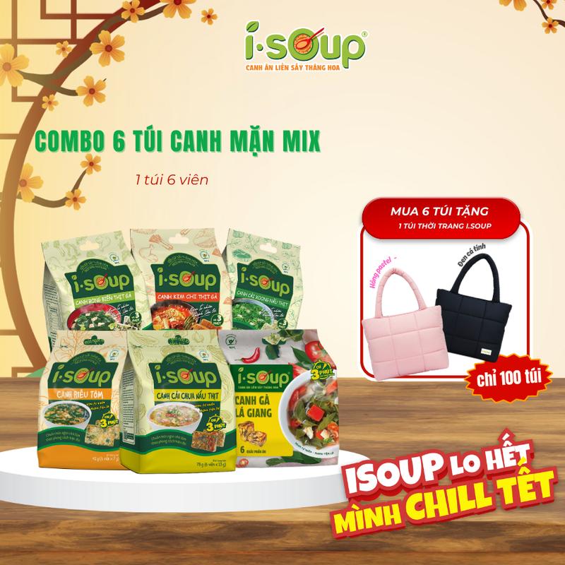 COMBO 6 TÚI CANH MIX MẶN ISOUP 1 RIÊU TÔM - 1 GÀ LÁ GIANG - 1 CẢI CHUA - 1 CẢI XOONG - 1 KIM CHI - 1 RONG BIỂN - Canh Ăn Liền Sấy Thăng Hoa