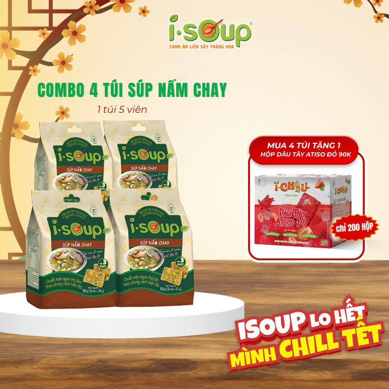 COMBO 4 TÚI Súp Nấm Chay ISOUP 50g 05 Viên - Súp Ăn Liền Sấy Thăng Hoa