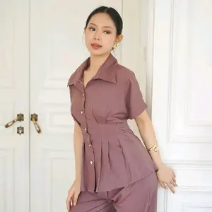 Selsy One Set Top Feminine Karet Pinggang Kancing Bunga Lengan Pendek Kerah O-neck Greenday