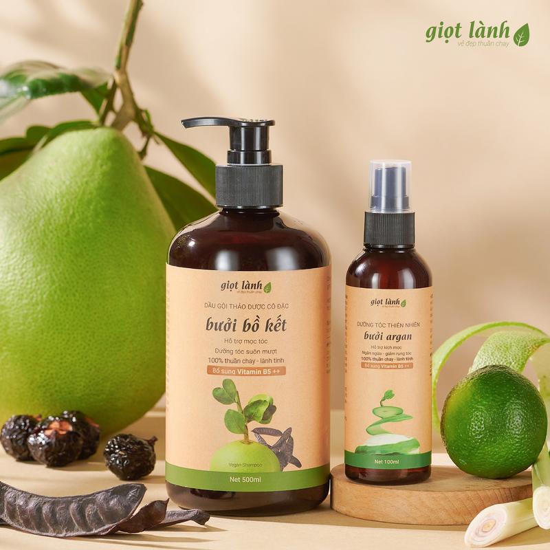 Bộ dầu gội bưởi bồ kết - Xịt tóc tinh dầu bưởi thuần chay Giọt Lành
