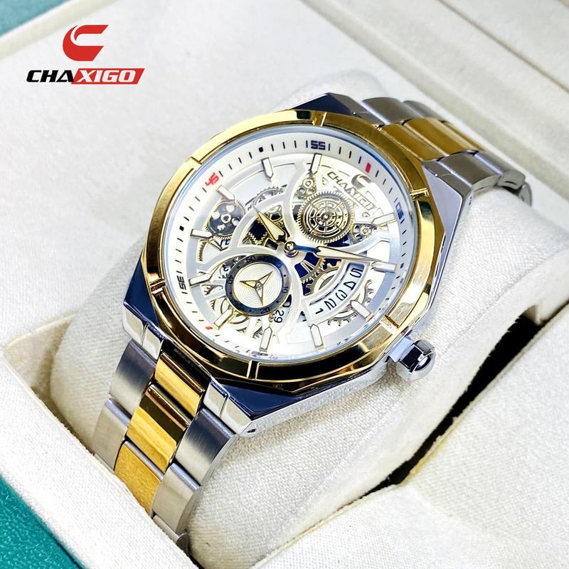 Đồng Hồ Dạ Quang Nam, CHAXIGO, Thiết Kế Mới, Chuyển Động Rỗng Thời Trang Sang Trọng, 6828-2 Titan