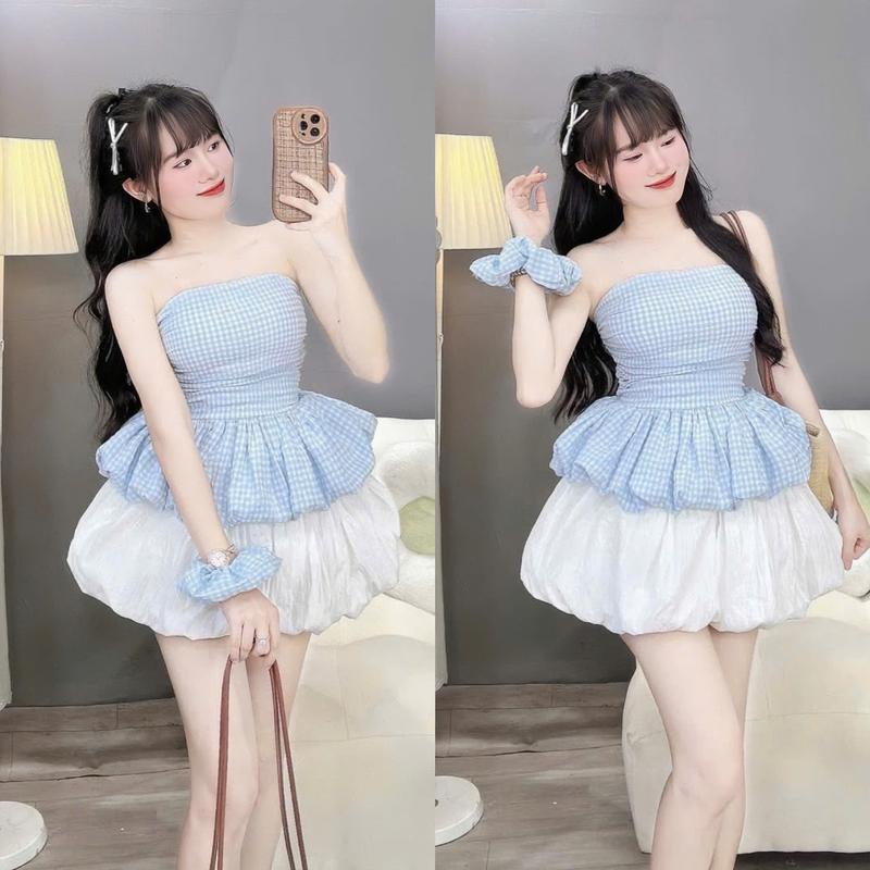 Set đồ nữ áo caro cúp ngực dáng bồng kèm cột tóc mix chân váy bí xinh xắn dành cho các nàng diện đi chơi.