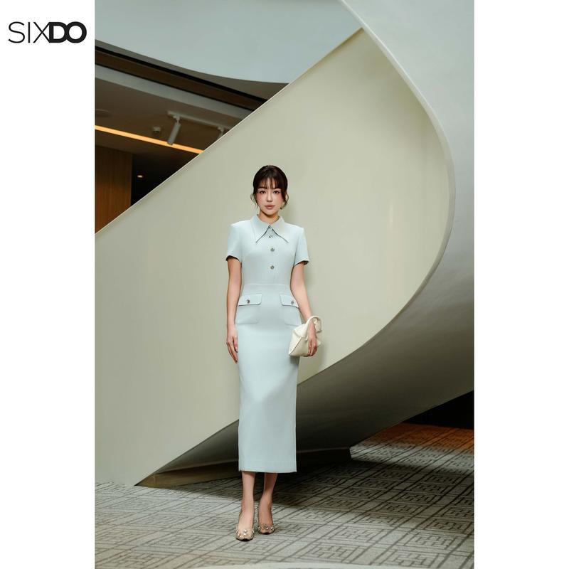 Đầm xanh bút chì cổ đức ngắn tay SIXDO (Mint Raw Pencil Dress)