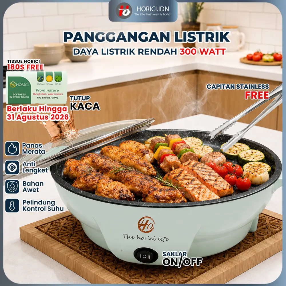 Horici Panggangan Listrik Multifungsi Anti Lengket Bentuk Bulat Grill Pan BBQ Minipan Electric Portable 26CM Gratis Jepitan Stainless Warna Hijau