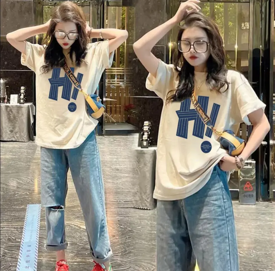 women's cotton short-sleeved T-shirt with loose print and  mid-length top