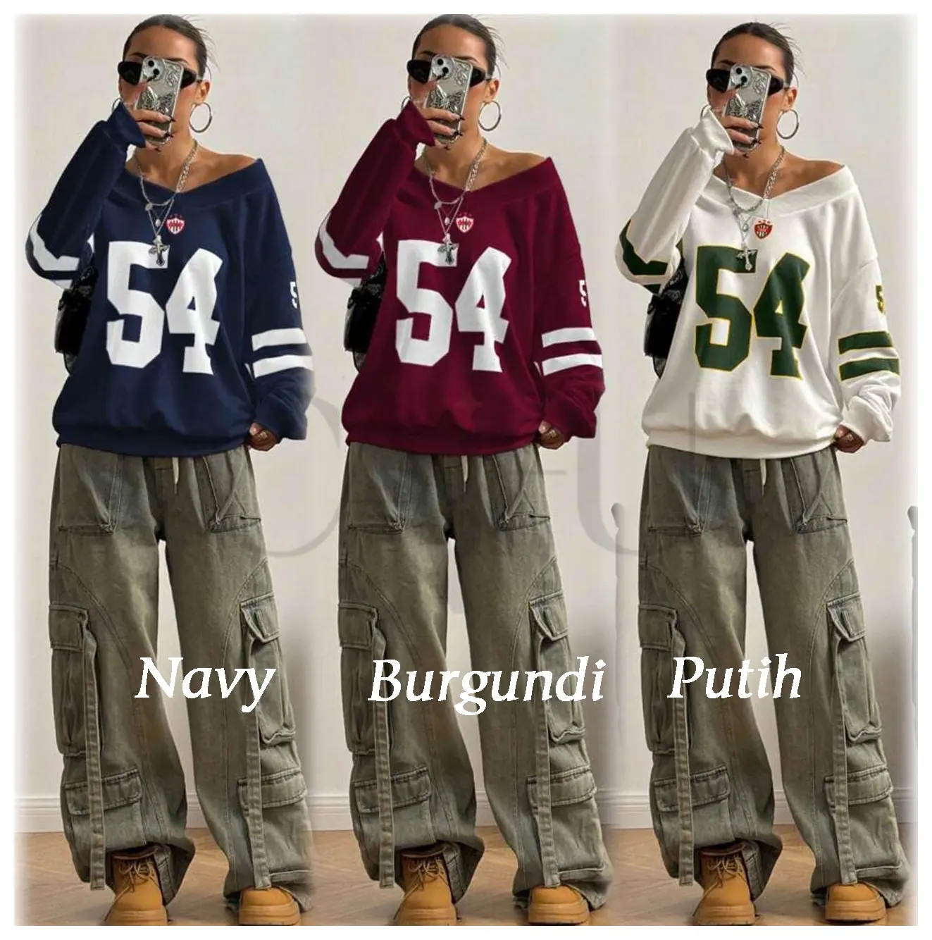 54 Sweater Vneck Wanita Sporty Kekinian Terbaru  Oversize Crewneck Oblong American style Motif Sablon