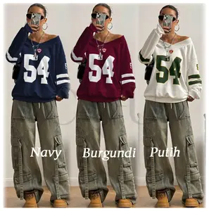 CAIFU 54 Sweater Vneck Wanita Sporty Kekinian Terbaru  Oversize Crewneck Oblong American style Motif Sablon