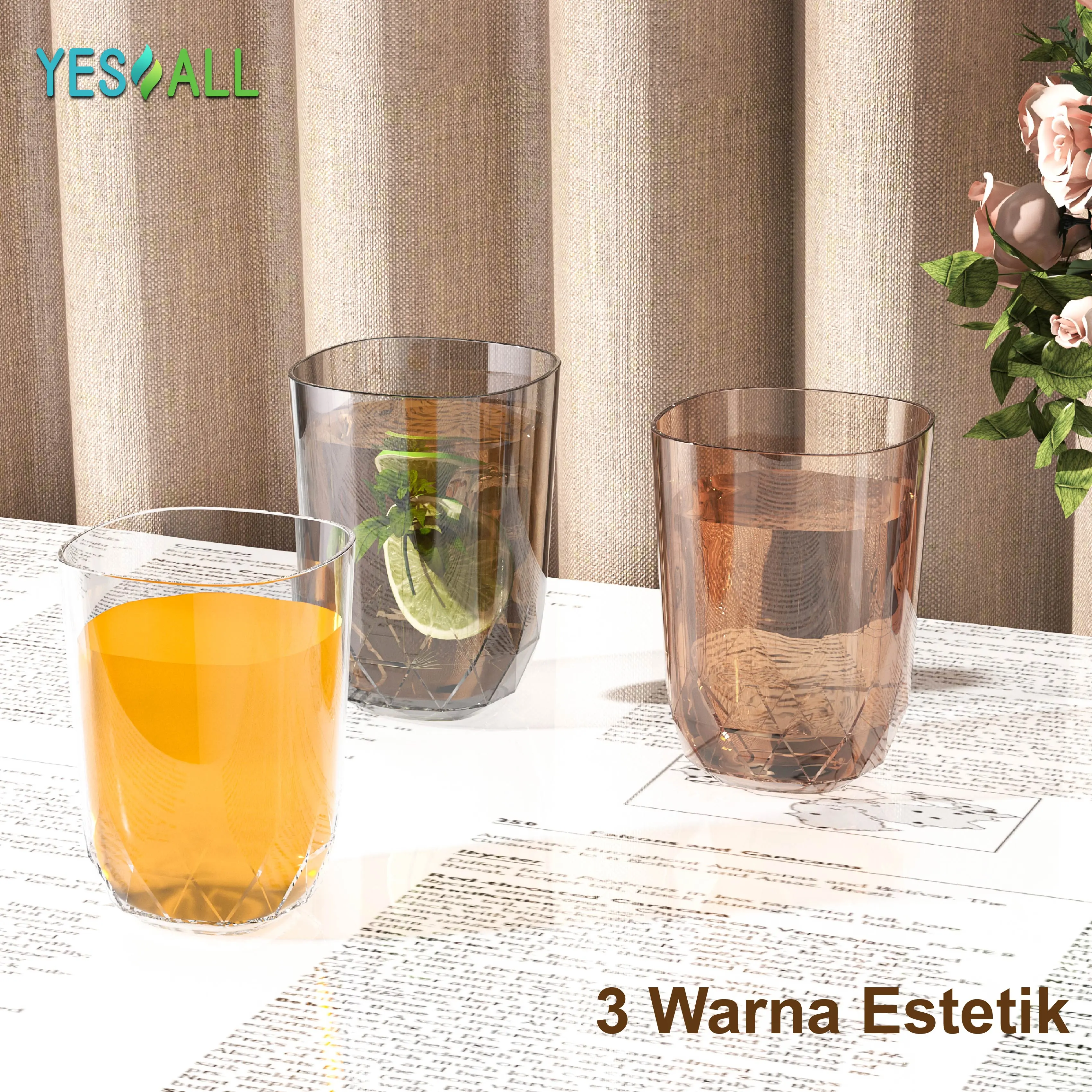 YESALL Gelas Minum 300ml Estetik - Gelas Plastik Food Grade Tidak Mudah Pecah / Gelas Air Kopi Jus / Warna Transparan Elegan / Isi Banyak Hemat