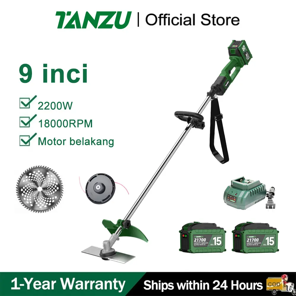 【COD】TANZU 21V mesin pemotong rumput listrik Ukuran besar 9 inci lithium pemotong rumput listrik Daya tinggi 2200W 18000rpm 3815-brushless motor belakang Alat kebun Eksklusif outdoor Mesin pemotong rumput portabel tali