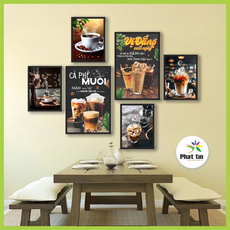 Decor quán cà phê tiệm mì cay trà sữa đồ ăn vặt set 6 tranh dán tường xưởng tranh Phát Tín.