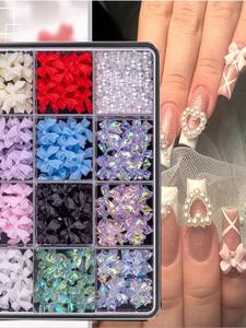 Set de 12 compartimentos de Adornos para uñas 3D con moño y perlas de fondo plano, 12 colores de Joyas brillantes para uñas con moño, Decoraciones de arte de uñas DIY con herramientas de recolección para mujeres