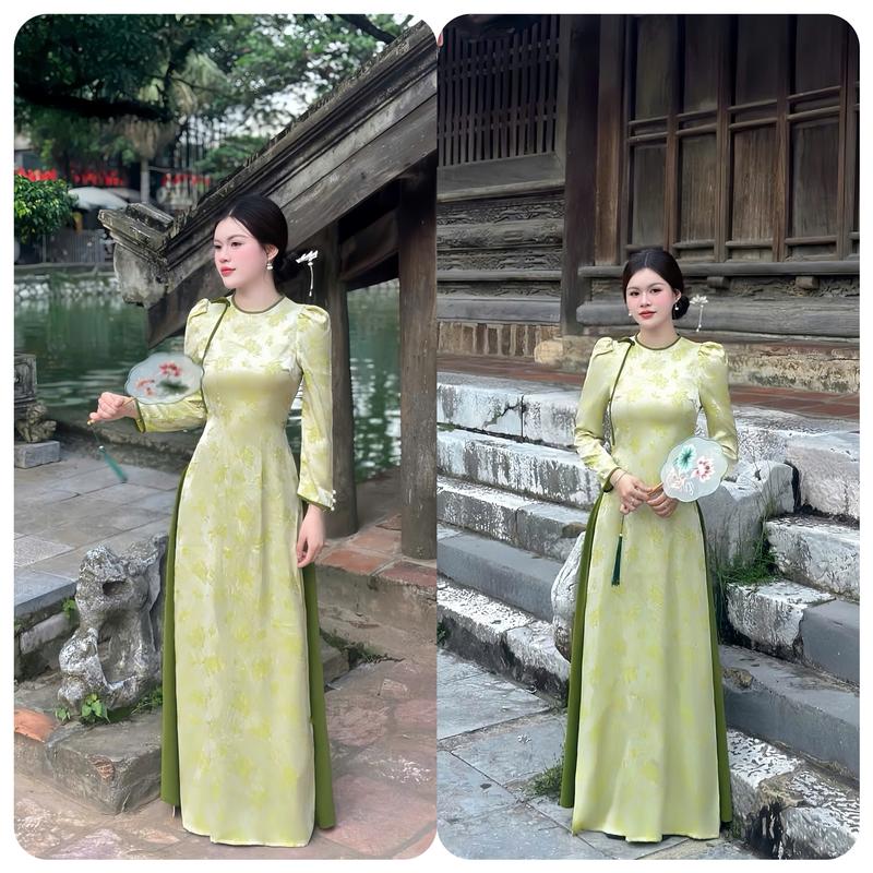 Áo Dài Tết Gấm Tơ Xanh Cốm – Duyên Dáng ngày Xuân-TB09