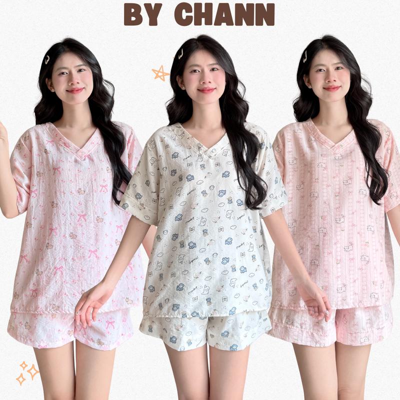 XẢ KHO Bộ Đồ Ngủ BY CHANN Bộ Cổ V nhiều hình dễ thương mặc nhà mùa hè chất liệu đũi mềm có size đến 80kg
