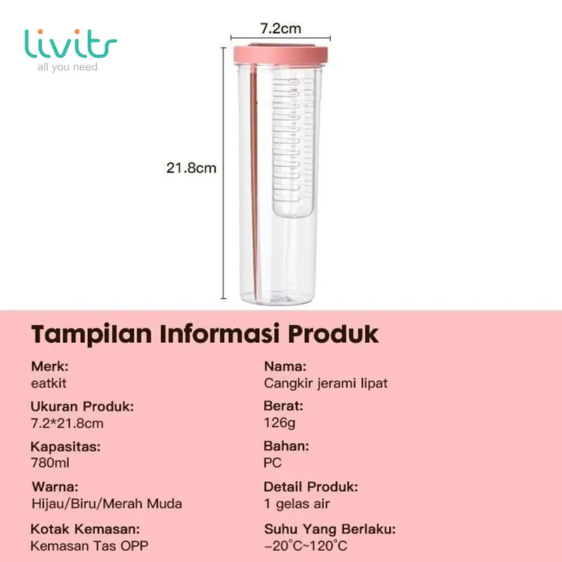 Botol Minum Infused Water 780ml Dengan Sedotan Lipat Tumbler Minuman Buah Segar 8