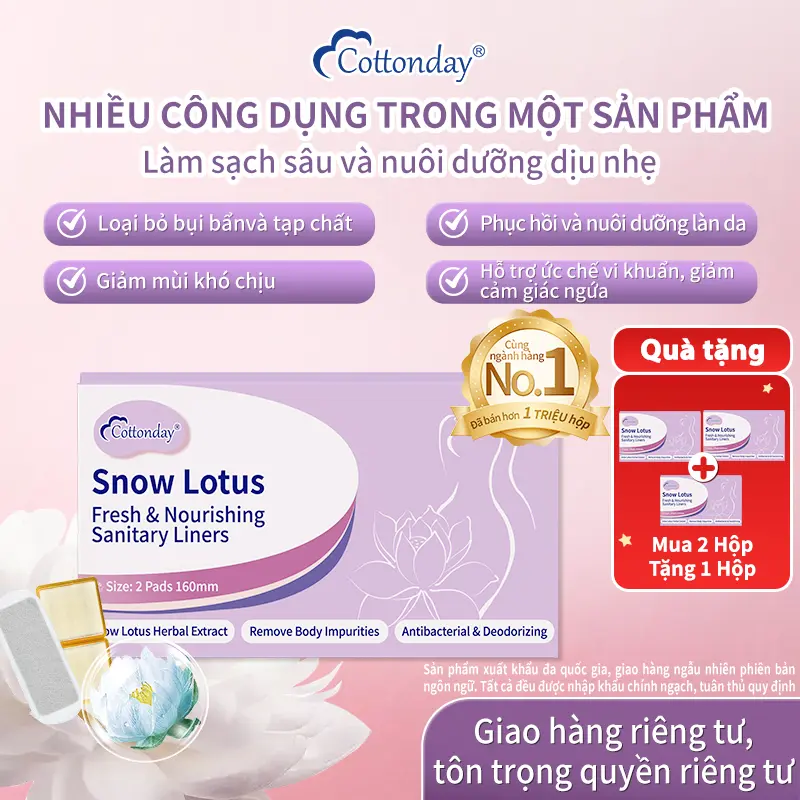 【Mua 2 đơn có quà tặng】Băng vệ sinh thảo dược Snow Lotus Cottonday (160mm/2miếng) - light laurier, bvs dài 8m,  hybrid pad, peb pad, bvs tăng thời gian, chứa 14 chiết xuất thảo dược, kháng khuẩn, giảm đau kinh nguyệt, chăm sóc vùng kín.