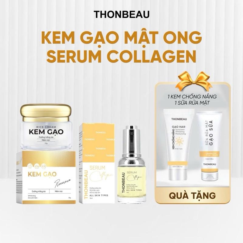 Combo 4 Món KEM GẠO MẬT ONG+ SERUM Collagen Tặng Thêm 1 Chai Sữa Rửa Mặt 40ml+Và 1 Chai Kem Chống Nắng nhỏ 25ml Skincare