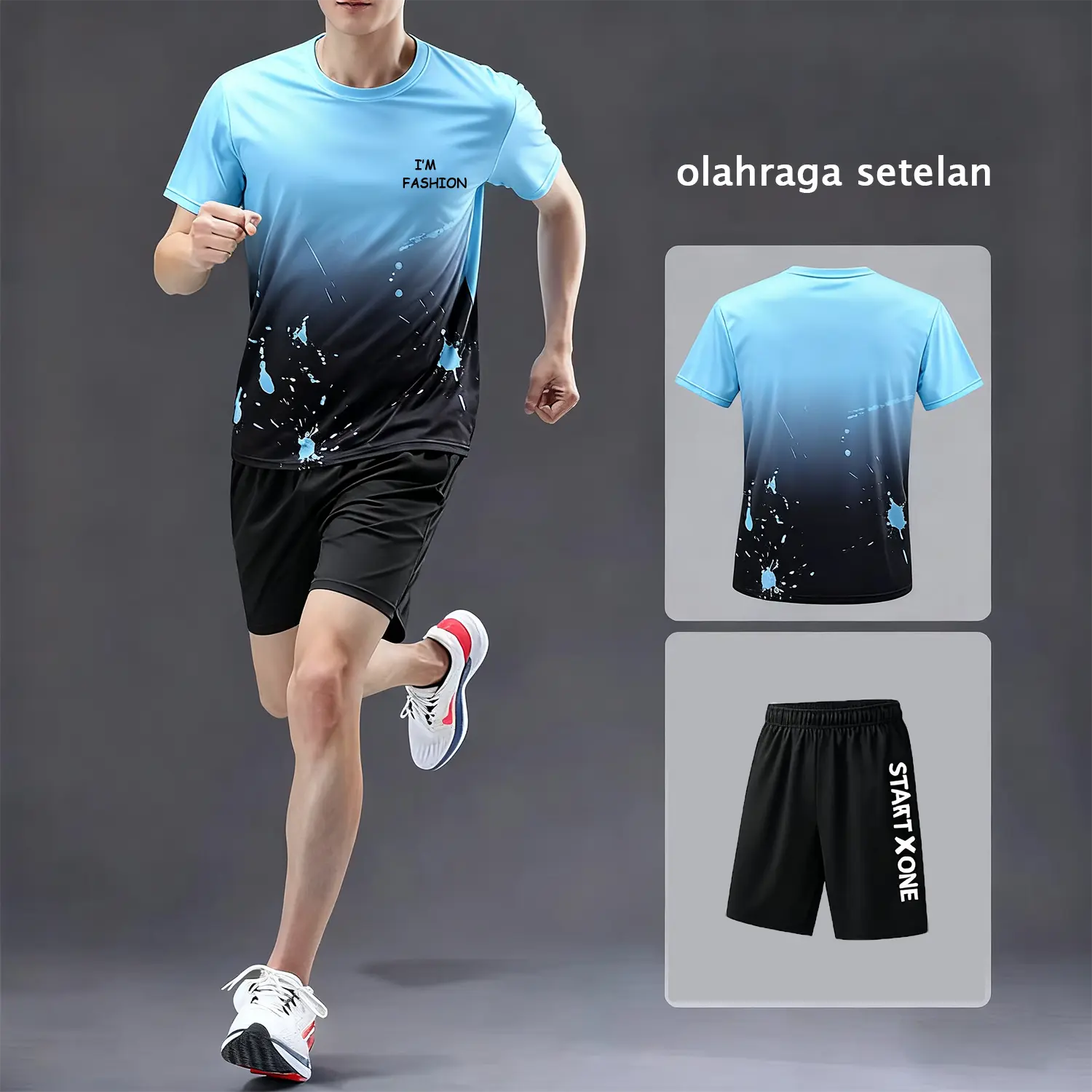 Set casual pria/lengan pendek biru muda fashion/pinggang karetblack gombrong pendek celana