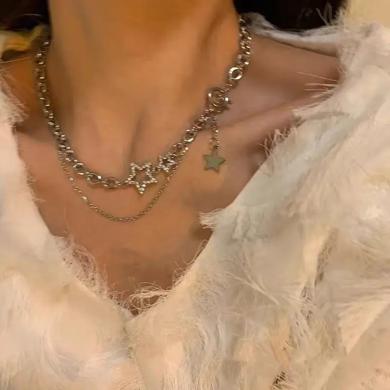 COD ❤️ Kalung Bintang Star Berlapis Ganda Desain Rasa Dalam Rantai Tulang Selangka Hip-Hop Wanita 0
