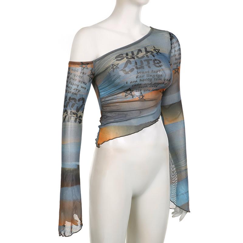 [HEYSOUL] Crop Top Asimetris Transparan One Shoulder Gaya Korea Y2K Atasan Cewek Kekinian Bahan Mesh Motif Tulisan Aesthetic Edgy Outfit OOTD Streetwear Korean Look Baju Wanita Muda Fashion Stylish Tampil Beda Buat Nongkrong atau Hangout Casual Basic Unik 5