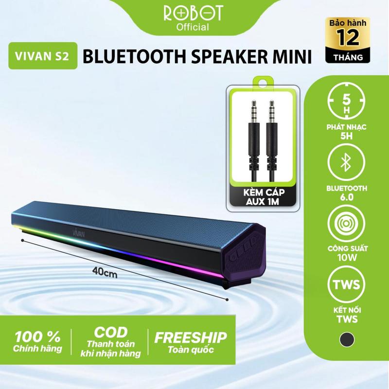 Loa Thanh Soundbar Bluetooth Vivan S2 10W Pin 1800mAh Bass Trầm 3 Cụm Driver Hỗ Trợ USB AUX Thẻ Nhớ LED RGB 16.8 Triệu Màu Bluetooth 6.0 TWS