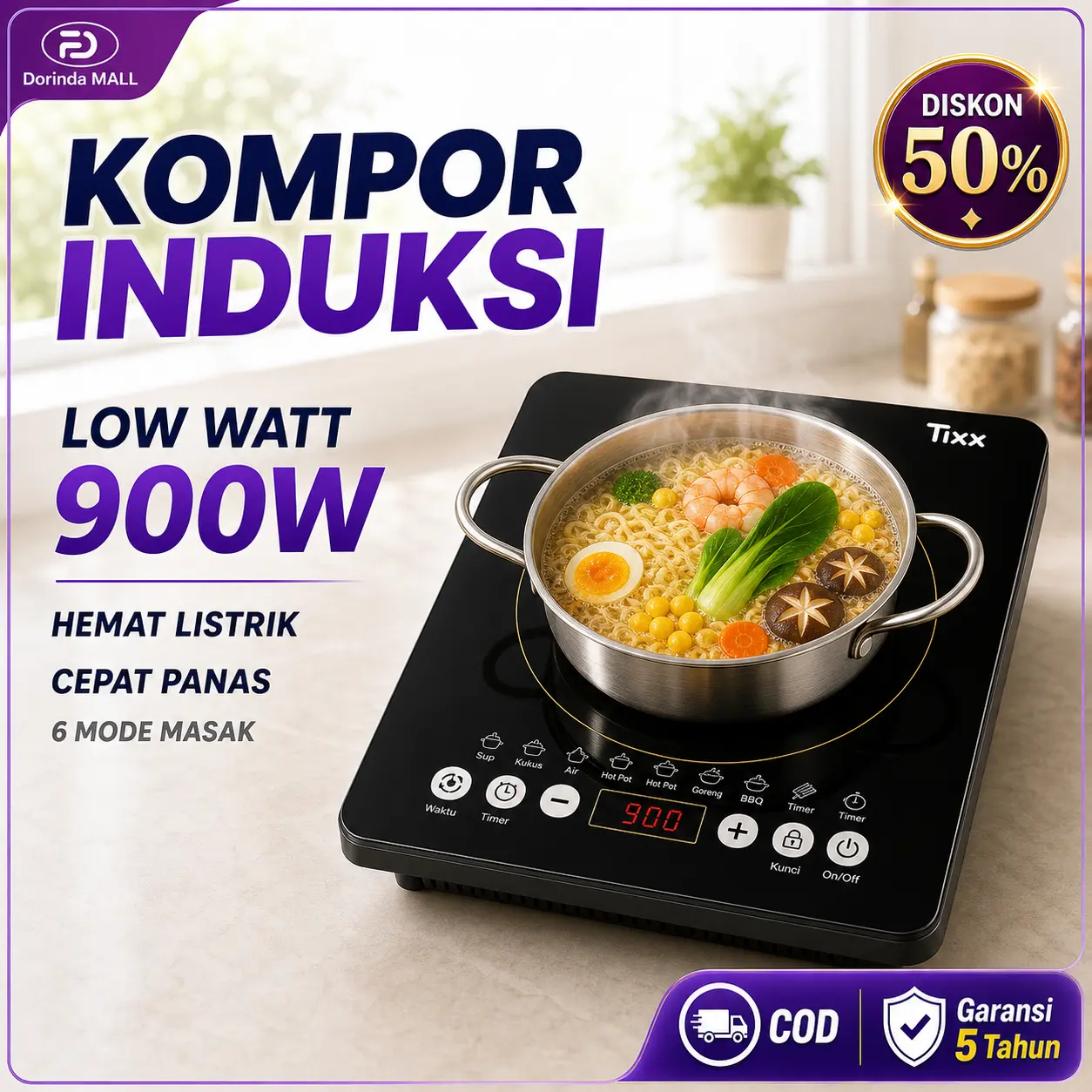 [COD] Kompor Induksi Low Watt 900W TIXX Hemat Listrik Cepat Panas 6 Mode Masak Timer 3 Jam Panel Kaca Hitam Portable Kompor Listrik Elektrik Mudah Dibersihkan Untuk Panci Besi Stainless Magnetik Rumah Kos Apartemen Dapur Diskon 50%