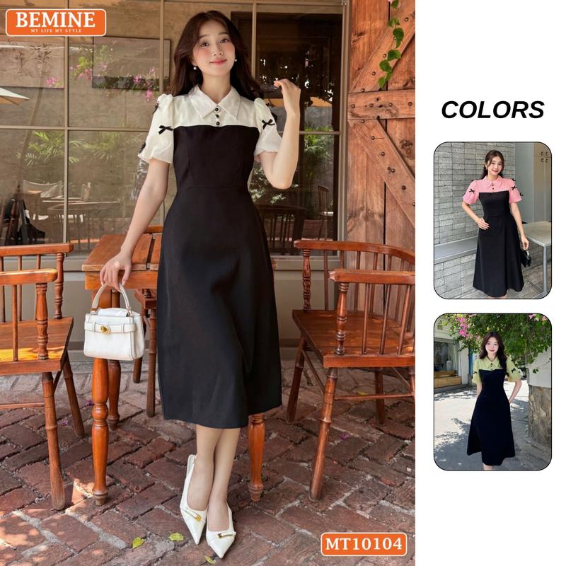 Đầm thiết kế BEMINE cổ đức tay phồng đính nơ dáng chữ A phù hợp đi làm, đi chơi-MT10104