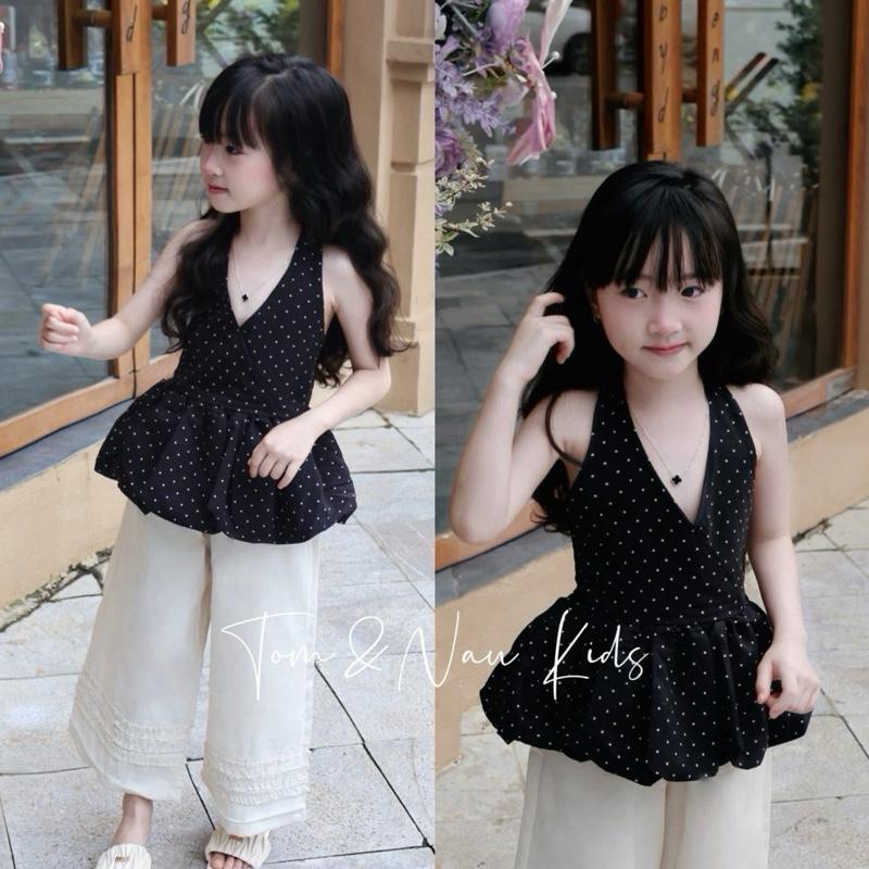 S455-[Tom&Nau Kids] Set áo Yếm chấm bi phối quần suông cho bé gái size từ 8-30Kg