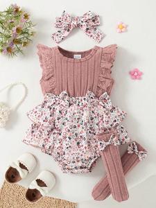 Conjunto de verano para bebé niña sin mangas con mono floral, calcetines con lazo y diadema, adorable, cómodo y elegante