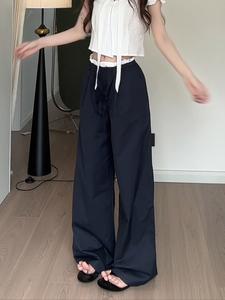 ウエストゴム ドローストリング 無地 ロングパンツ カジュアル ストレート ワイドレッグパンツ レディース 快適 スタイリッシュ