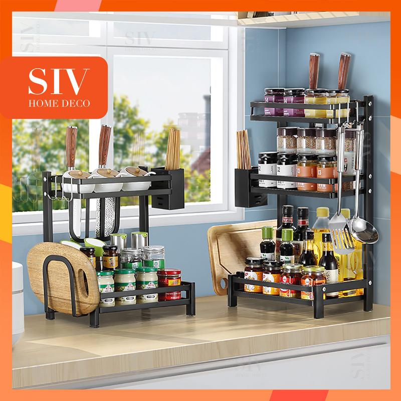 Kệ Đựng Gia Vị 2/3 tầng, Kệ hũ gia vị để bát đũa dao thớt 2 màu Lắp Ráp