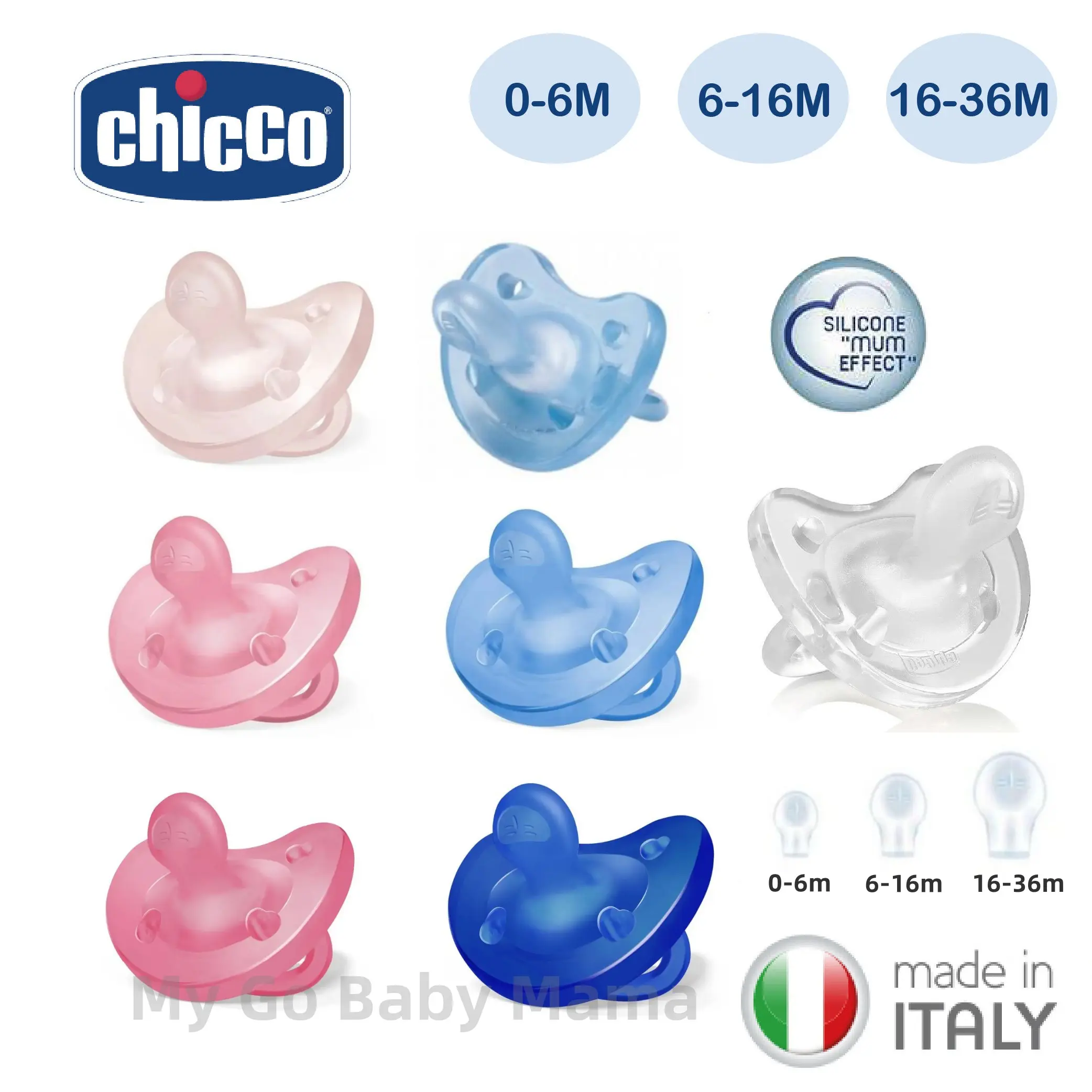 Chicco Soother Physio Soft / PhysioForma Luxe ( 0-6m ,6-16m , 16-36m ) Clear , Blue , Pink Pacifier