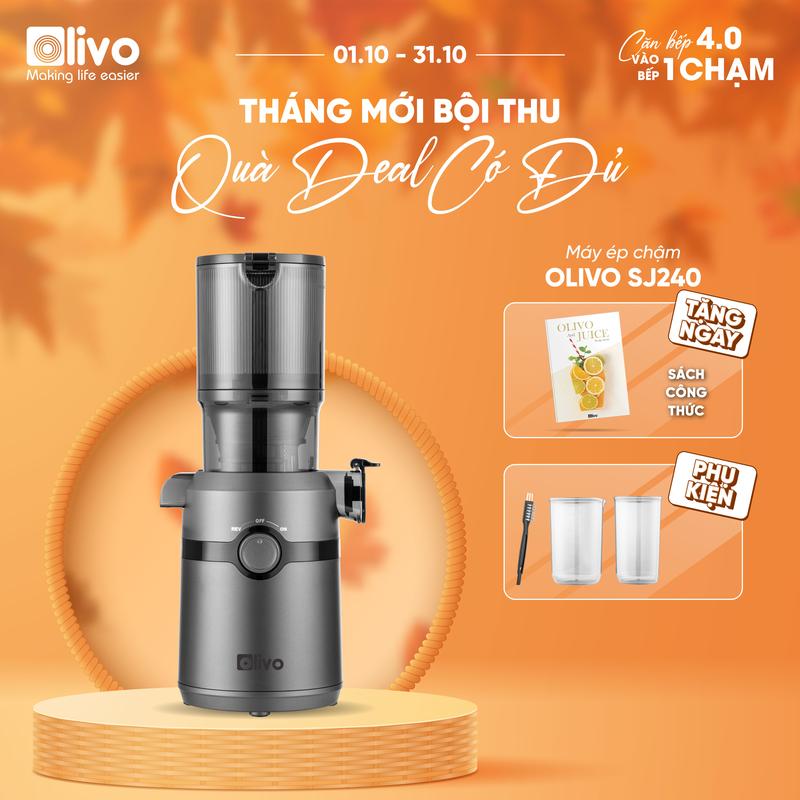 Máy ép chậm OLIVO SJ240 - Ống tiếp nguyên liệu lớn - Giải pháp hoàn hảo cho việc ép kết hợp trái cây, rau củ - Dễ tháo lắp vệ sinh - Ép kiệt bã tới 98%