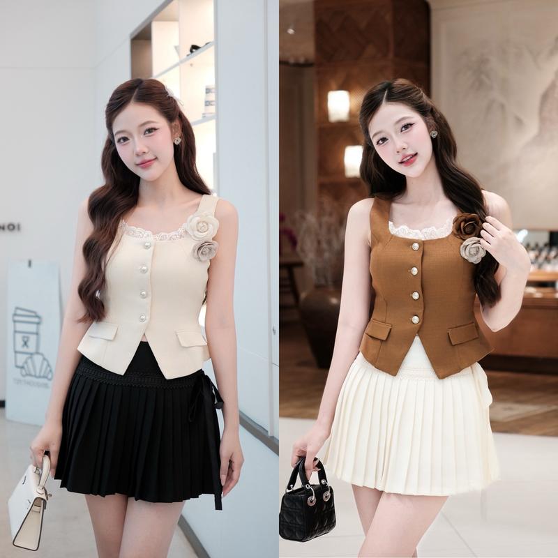  Set áo gile vest nữ không tay cao cấp + Mix chân váy xếp ly nữ tính sang chảnh Hb.closet S33 