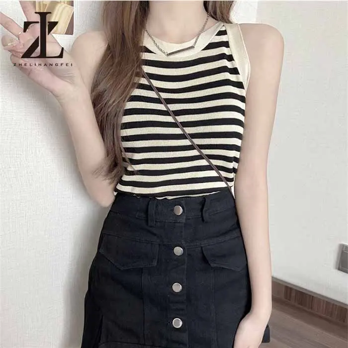 SS24 Áo dệt kim hai dây họa tiết kẻ sọc phong cách cổ điển thời trang mùa hè cho nữ