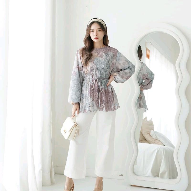 Meijiwang Top atasan Kemeja blouse wanita plisket motif ceruty korean style by meijiwang / Atasan Ceruty Motif Wanita Terbaru / Blouse Ceruty Plisket Panjang Dewasa etnik Busui 8