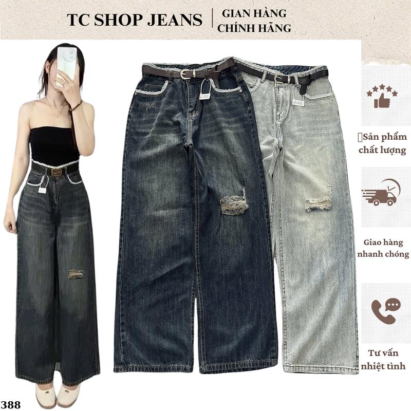Quần jeans nữ ống rộng rách gối lưng cao phối ren BIZE bigsize 55-90kg dài 103cm 2 màu vải jeans cotton MS 388