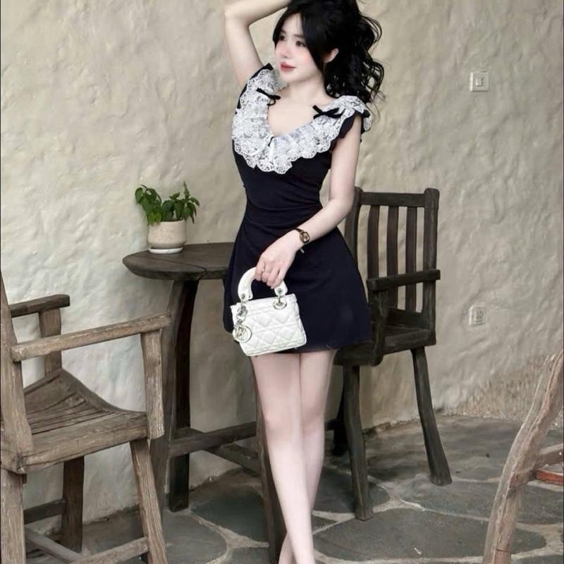 Váy thun body zip cổ thuyền phối bèo, 2 độ dài mini & midi, váy điệu đà tiểu thư, hàng quảng châu đẹp 1