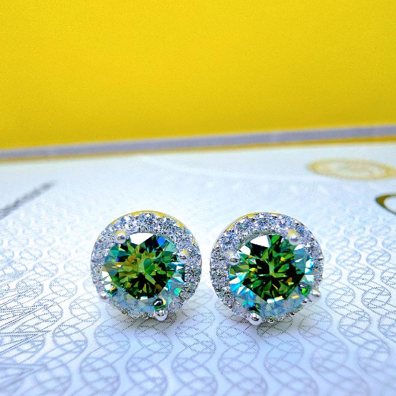  B026 - Bông tai halo tròn  chốt vặn  đá chủ MOISSANITE XANH LÁ  6MM . Chất liệu bạc ý xi bạch kim 
