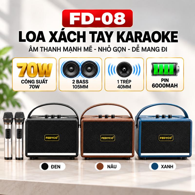 Loa Kéo Karaoke FEDYCO FD-08 70W 2 Bass 105mm Pin 6000mAh Kèm 2 Micro