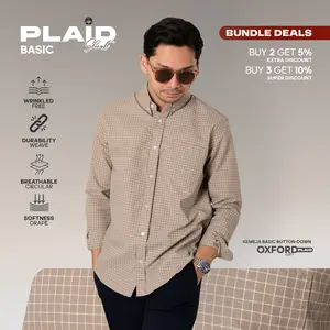 Kemeja Kotak Garis Pria WOODCUTTER Basic Plaid Shirt Lengan Panjang Oxford Casual Anti Lecek Kerja - Cream
