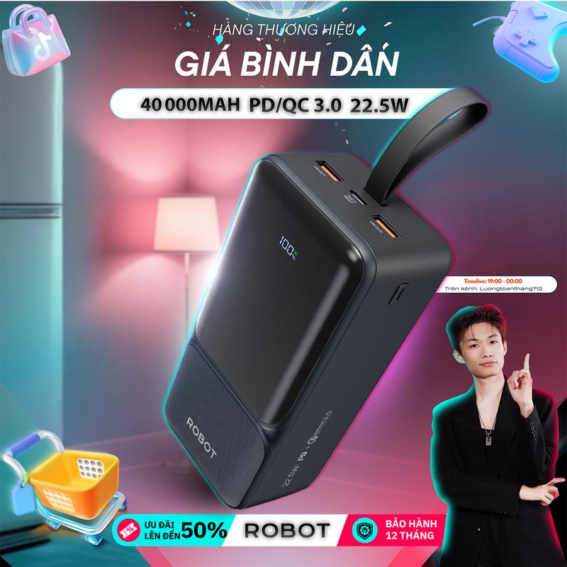 Pin Sạc Dự Phòng 40.000mAh ROBOT RT40 Sạc Nhanh Công Suất 22.5W 3 Cổng Sạc Ra Có Màn Hình Led