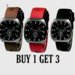 CO Jam Tangan Wanita Pria Hitam Coklat Maroon Tali Karet Elastis Luxury Red Import Persegi Panjang Paket 3 Pcs Hemat & Tahan Lama - Watches