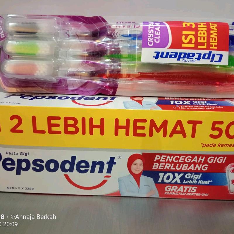 Pepsodent 225 gram isi 2 pcs dan Sikat gigi Ciptadent isi 3 pcs Bersihkan 1