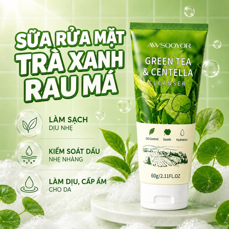 Sữa rửa mặt trà xanh rau má 60g làm sạch lớp bụi bẩn hằng ngày, giúp da bớt bóng dầu, phù hợp da thường đến da dầu, thích hợp cho cả nam & nữ