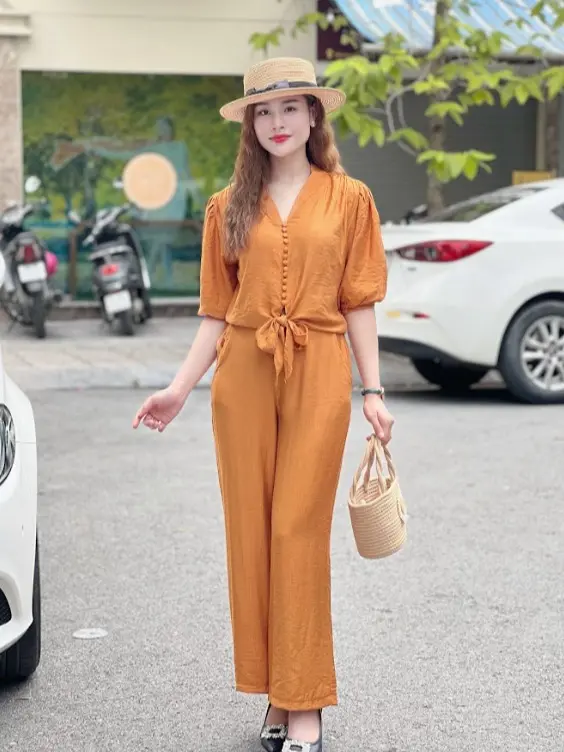 Set đồ bộ nữ, áo tay lỡ quần dài lưng thun, bộ đồ nữ mùa hè, chất vải đũi tơ mềm, mịn, mã B243 6