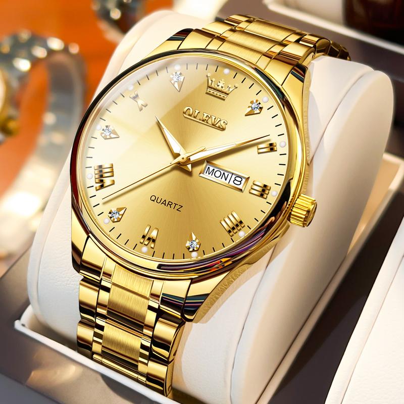 Đồng Hồ Vàng Cho Nam, Thương Hiệu Chính Hãng OLEVS, Sang Trọng, Không Thấm Nước, Dạ Quang, Thép Không Gỉ, Phong Trào Thạch Anh, Có Lịch Ngày Và Tuần, Đồng Hồ Đeo Tay Cổ Điển Thường Ngày Bộ Quà Tặng