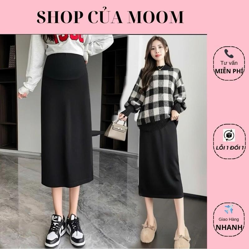   Nhà Moom  Chân váy bầu chữ A cạp cao,váy midi xẻ sau công sở 