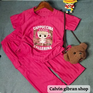 ONE SET CROP TOP BALLERINA CAPPUCCINA&TUNG TUNG SAHUR VIRAL/LABUBU VIRAL SETELAN CELANA CARGO  Baju ANAK PEREMPUAN TALI SERUT  Fashion