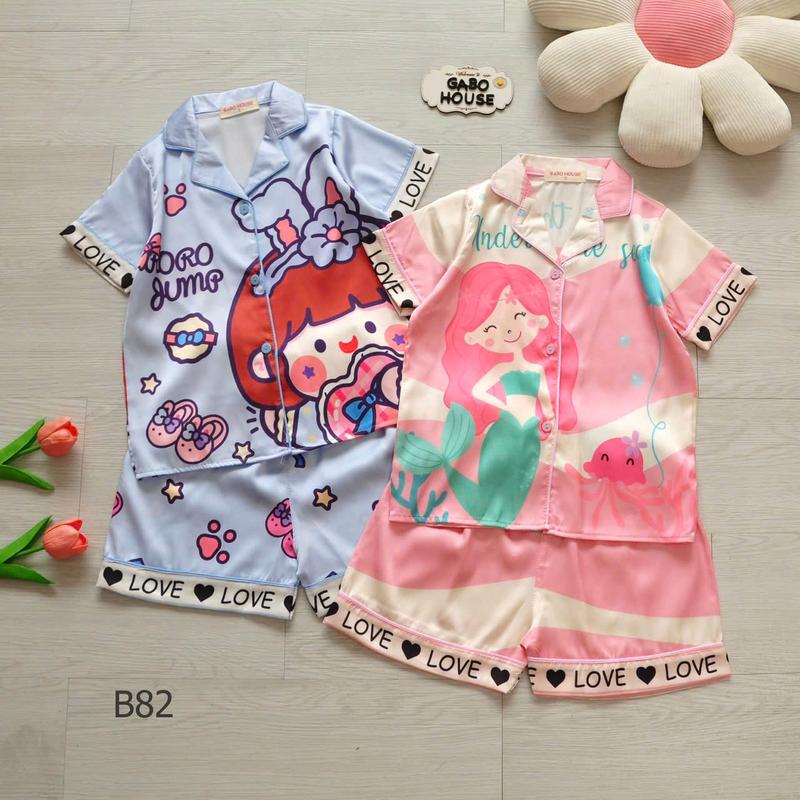 Bộ quần áo pijama lụa latin tay ngắn quần đùi cho bé gái in hình dễ thương cho bé gái tiên cá capuchino roro B82