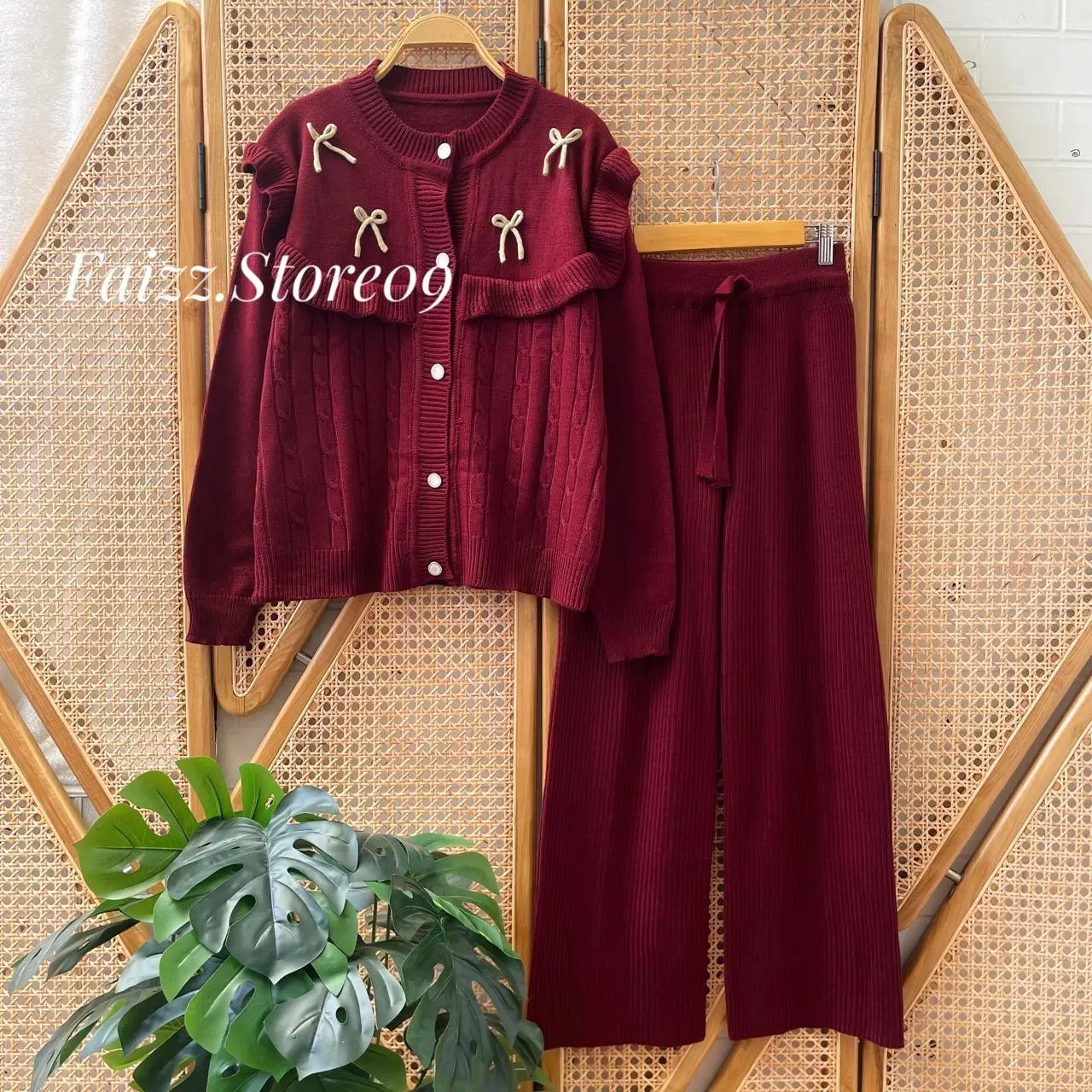 Oneset Dina Cardigan Rajut Kancing Motif Cable Pita Setelan Celana Kulot Premium Wanita Lengan Panjang Kekinian Atasan Baju Dewasa